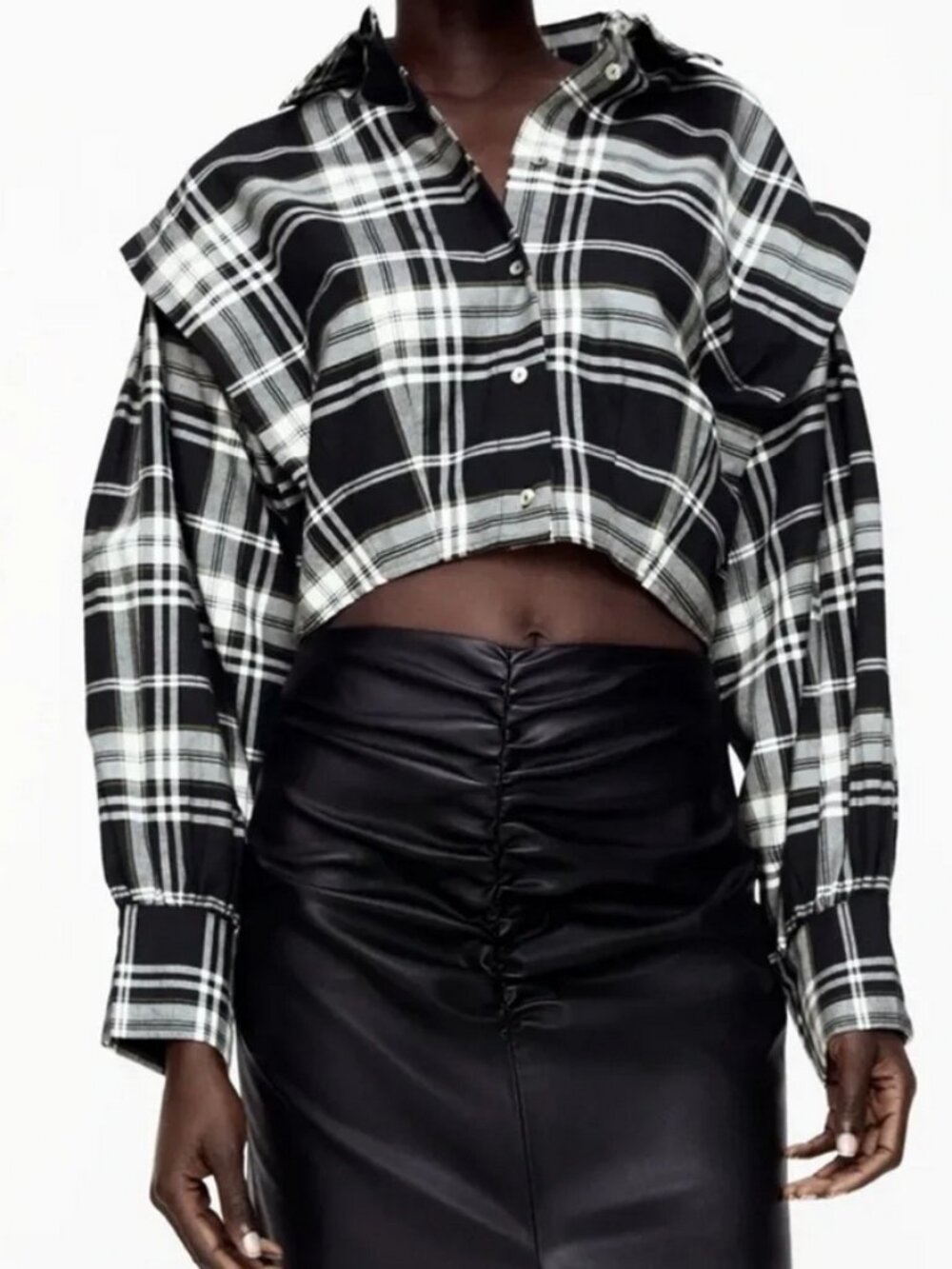Zara Plaid Cropped Balloon Sleeve Blouse size XS